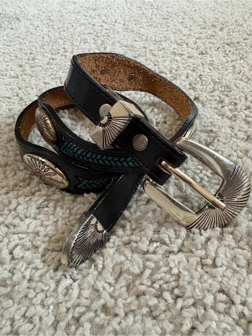 Men's SOUTHWESTERN Black Leather SILVER CONCHO Tapered RANGER Cowboy RODEO BELT